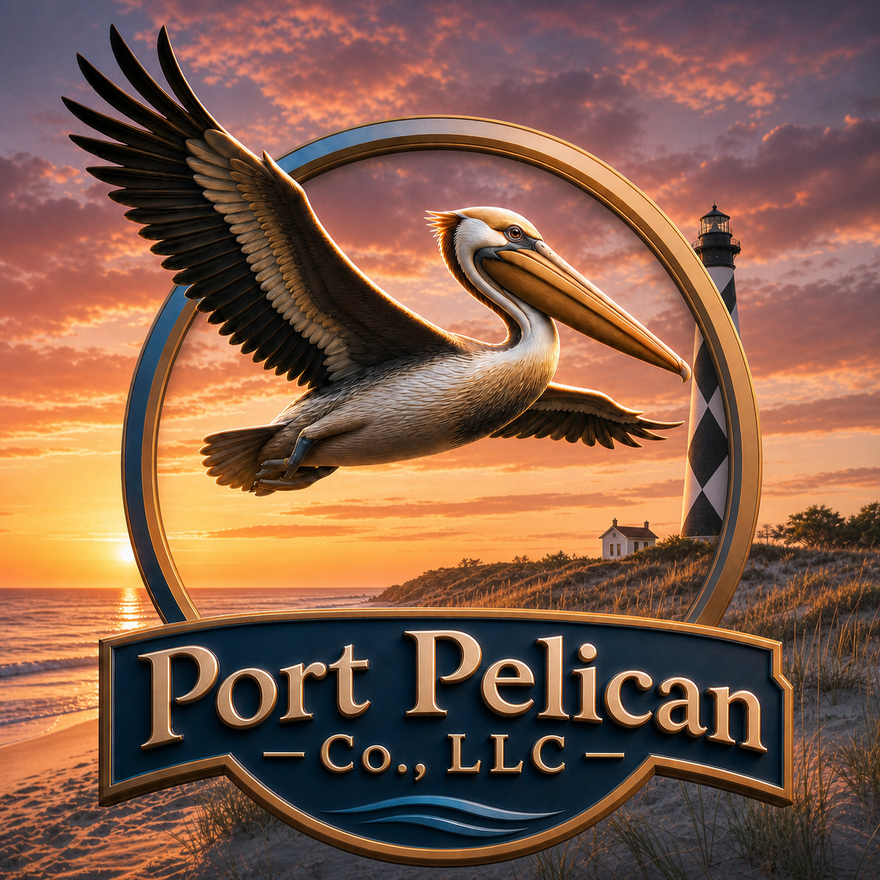 Port Pelican Co., LLC logo — a pelican in flight over the Carolina coast